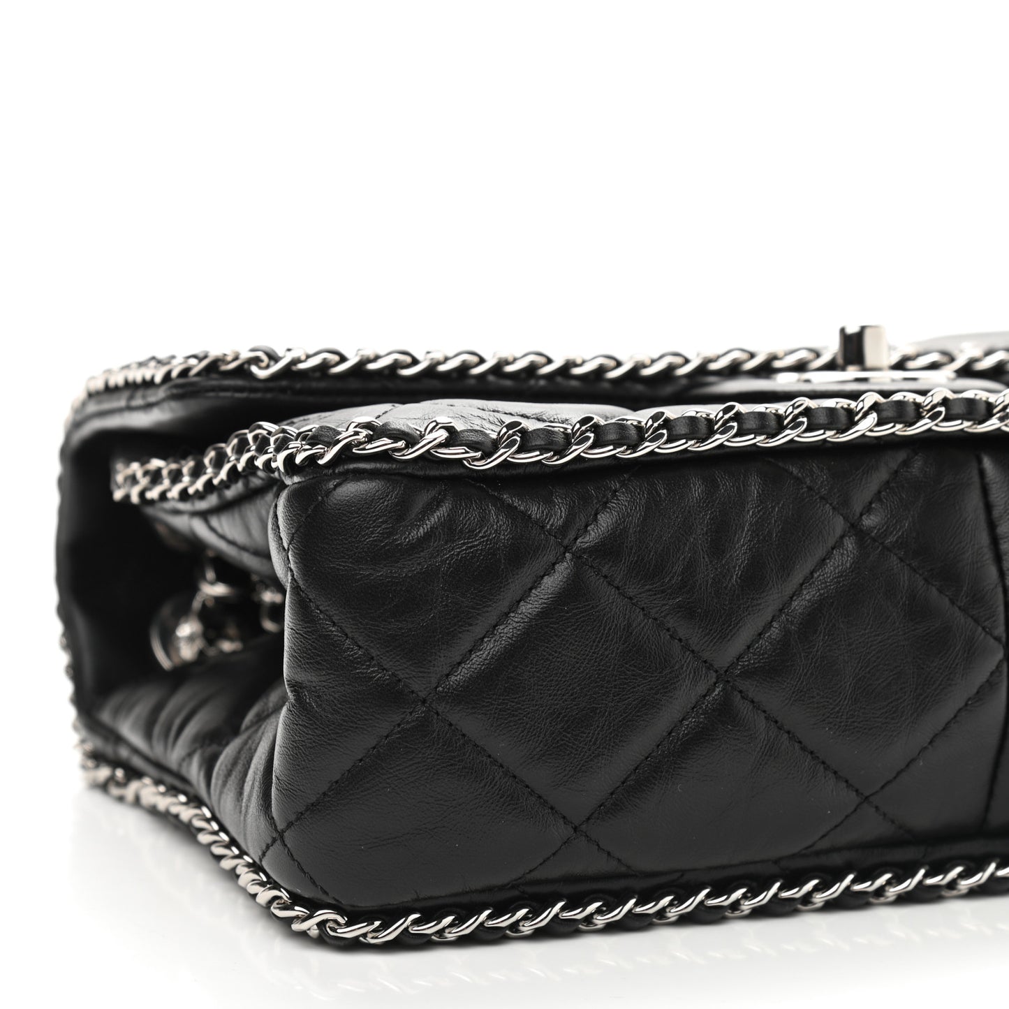 Crumpled Calfskin Medium Chain All Over Flap Black