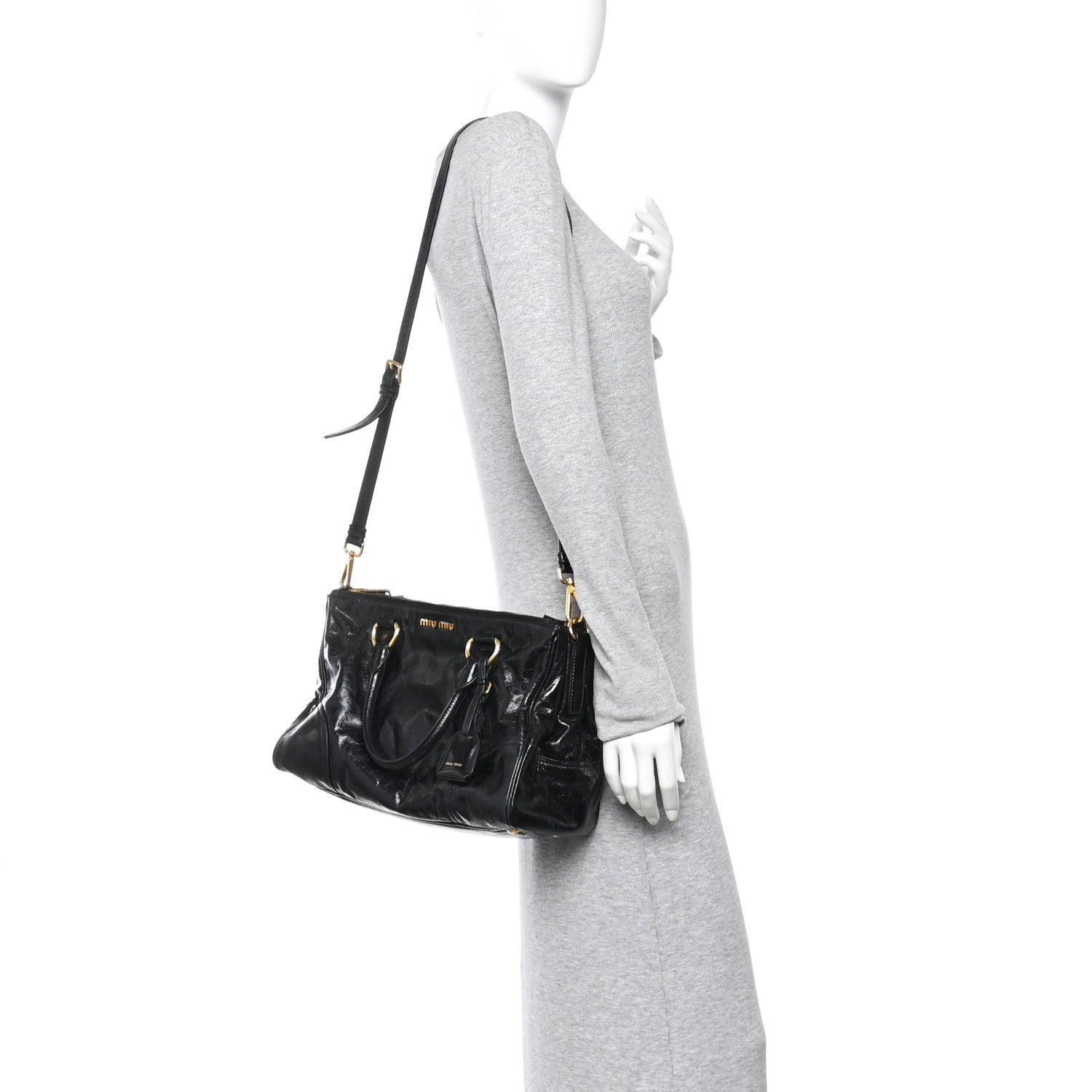 Miu Miu Vitello Shine Top Handle Satchel Black 2 of 9