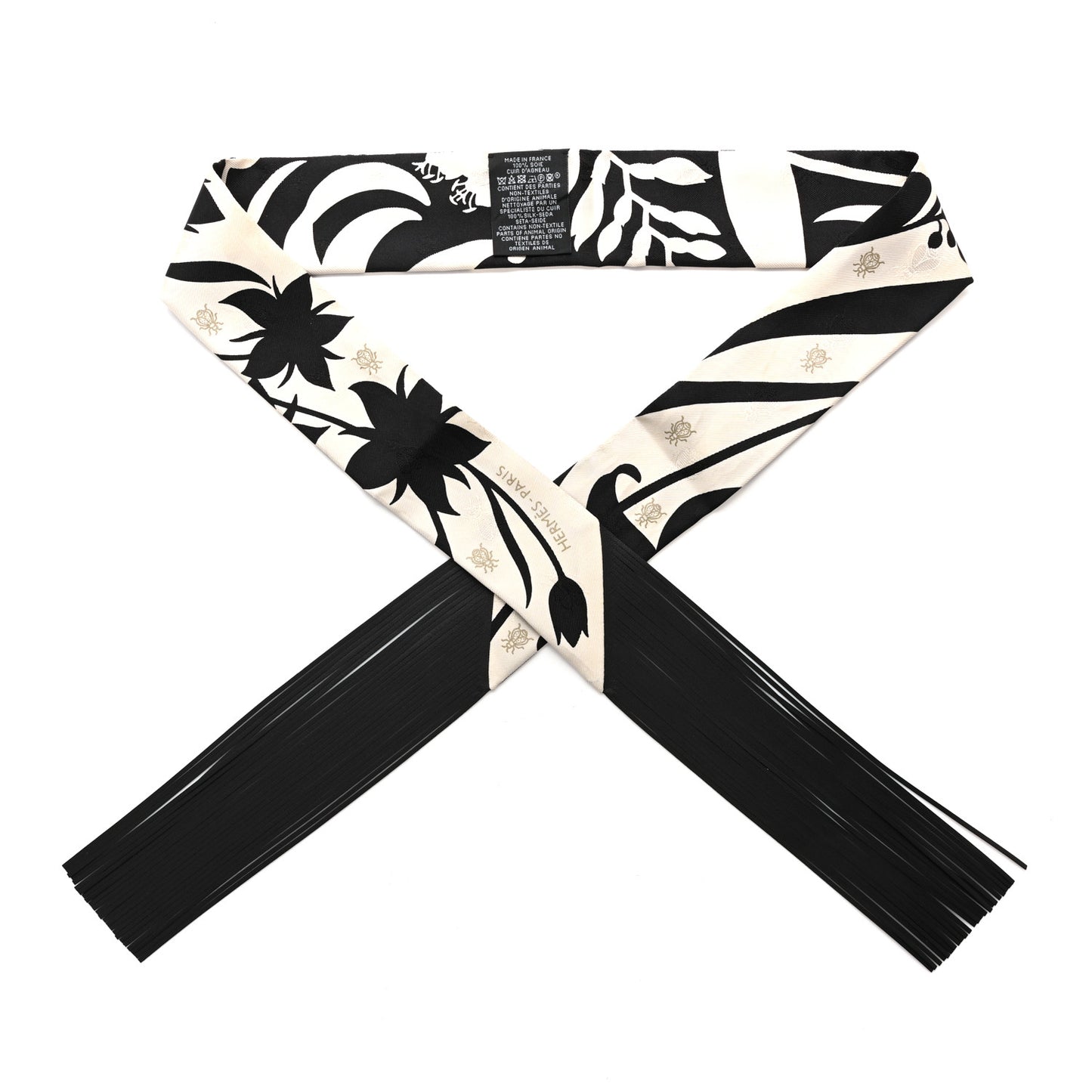 Silk Calfskin Bouquet Final Fringed Twilly Creme Black