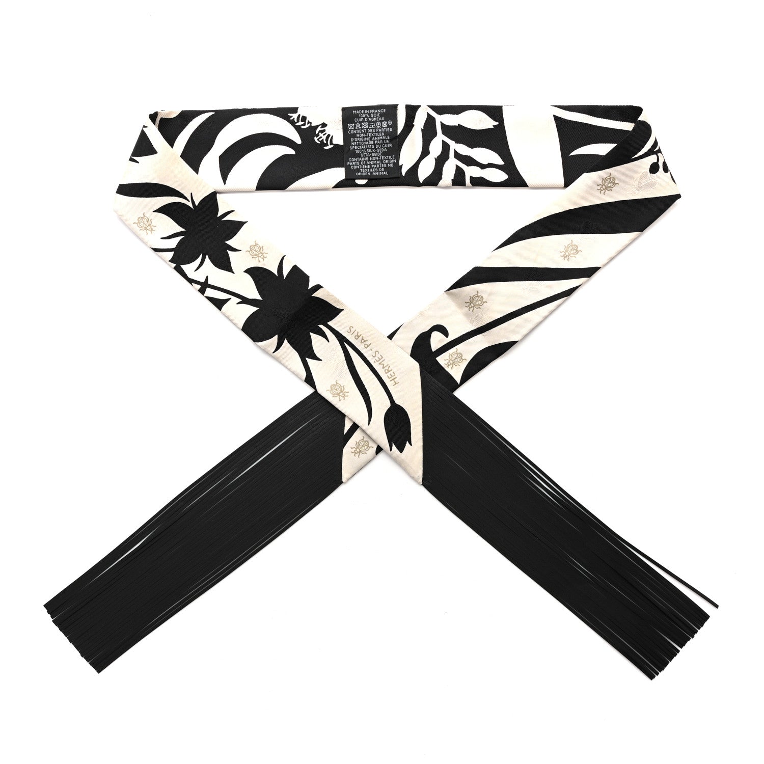 Hermes Silk Calfskin Bouquet Final Fringed Twilly Creme Black 1 of 4