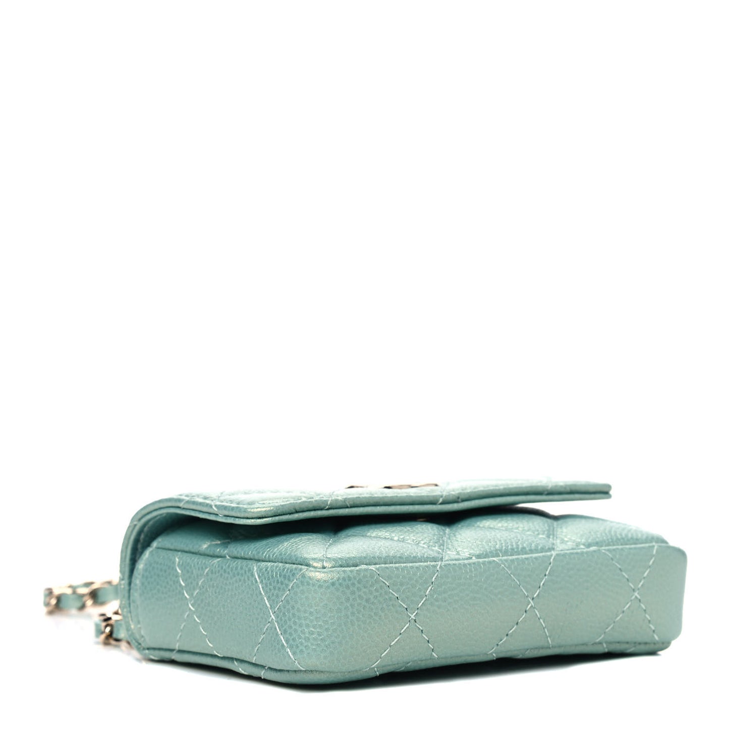 Iridescent Caviar Quilted Pearl On Top Coin Purse With Chain Light Green