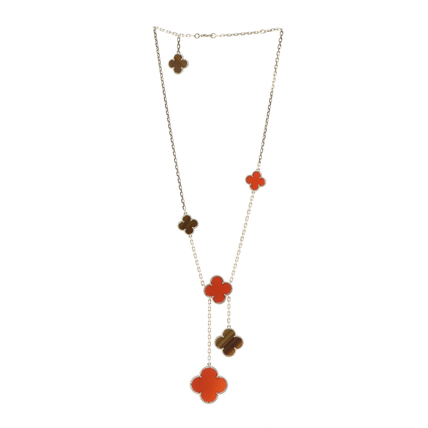 18K Yellow Gold Carnelian Tiger Eye 6 Motifs Magic Alhambra Necklace