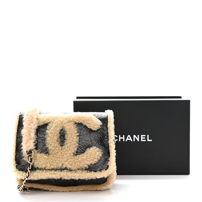 Chanel Shiny Crumpled Sheepskin Shearling CC Mania Flap Bag Black Beige 14 of 14