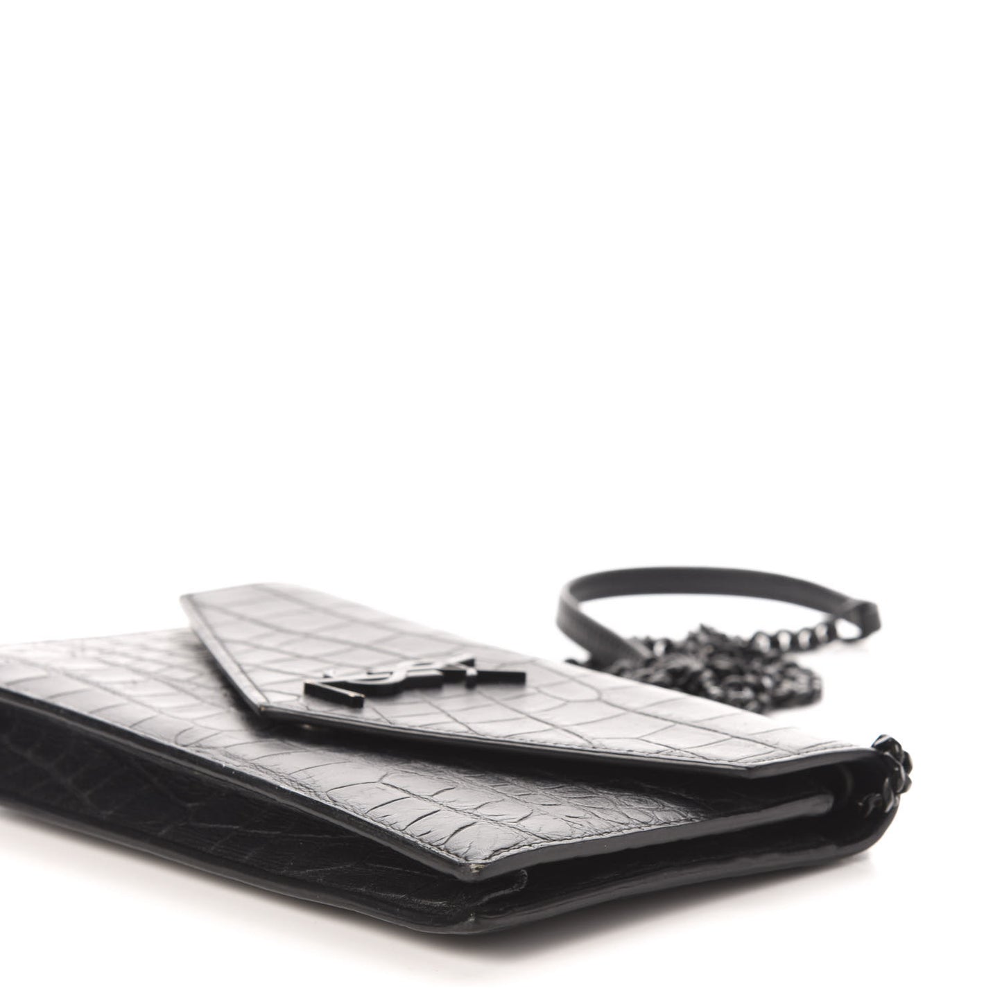 Calfskin Crocodile Embossed Monogram Envelope Chain Wallet Black