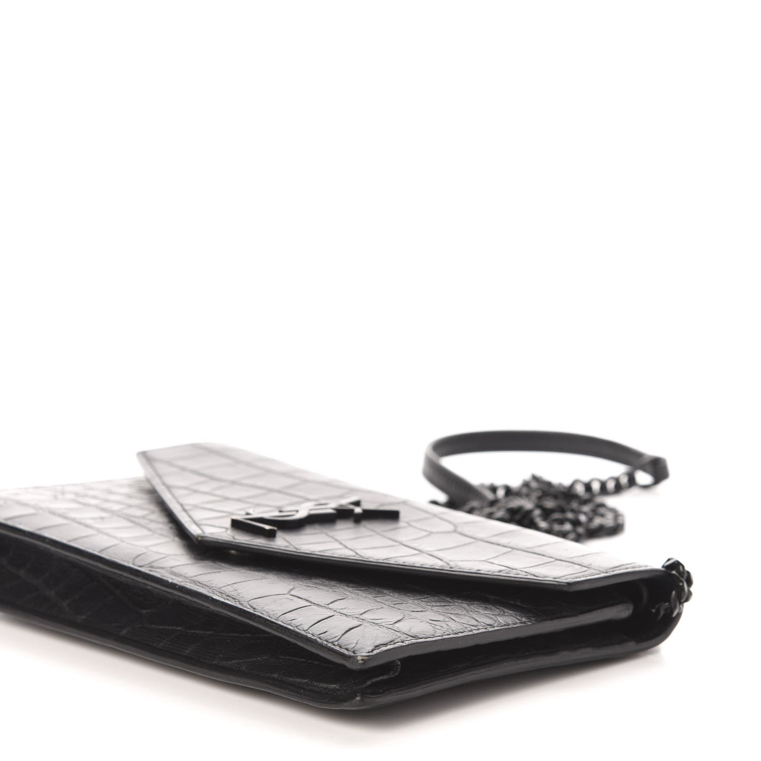 Saint Laurent Calfskin Crocodile Embossed Monogram Envelope Chain Wallet Black 11 of 12