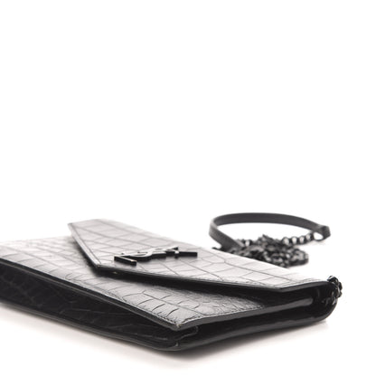 Saint Laurent Calfskin Crocodile Embossed Monogram Envelope Chain Wallet Black 11 of 12