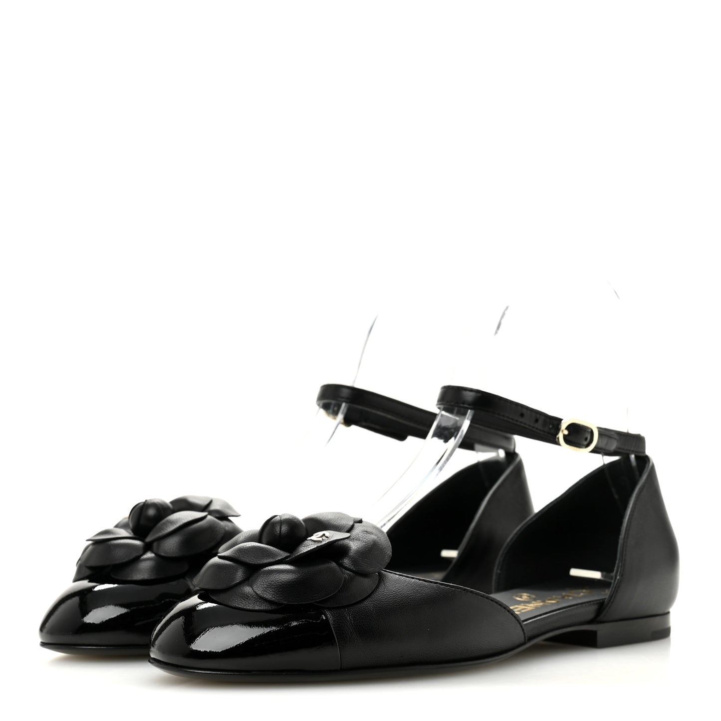 Lambskin Patent Calfskin Cap Toe Camellia Mary Jane Flats 36 Black