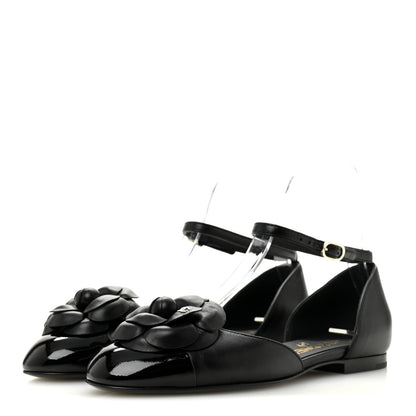 Chanel Lambskin Patent Calfskin Cap Toe Camellia Mary Jane Flats 36 Black 4 of 10