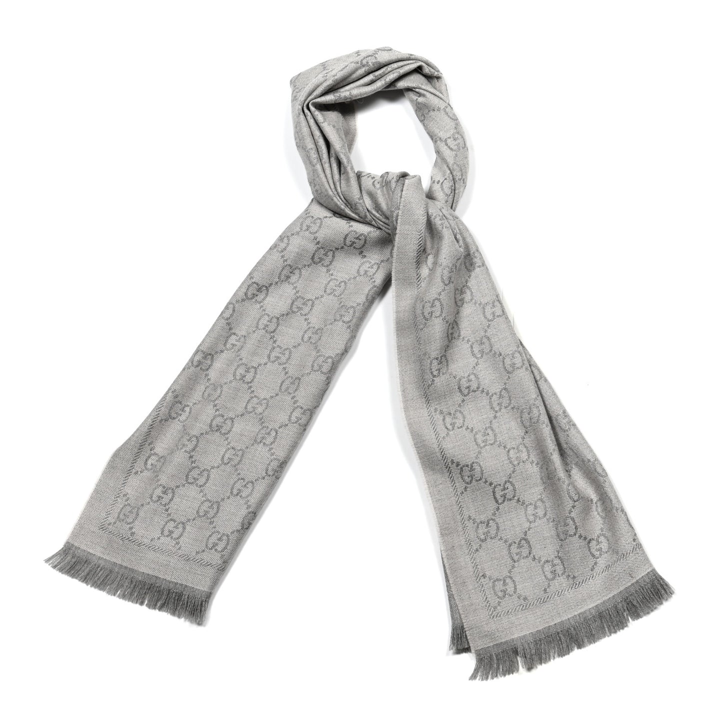 Wool Jacquard GG Monogram Sten Fringe Scarf Zinc Light Grey