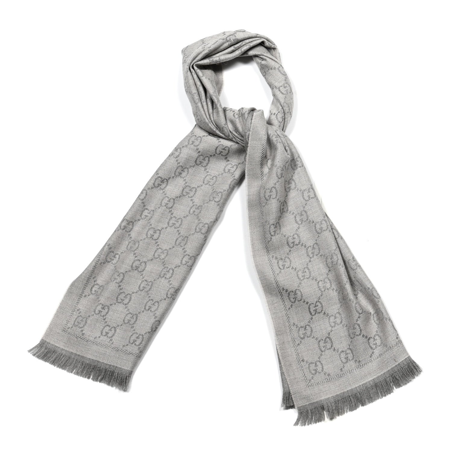 Gucci Wool Jacquard GG Monogram Sten Fringe Scarf Zinc Light Grey 1 of 4