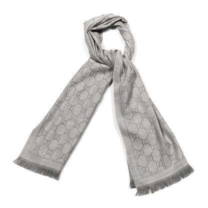 Gucci Wool Jacquard GG Monogram Sten Fringe Scarf Zinc Light Grey 1 of 4
