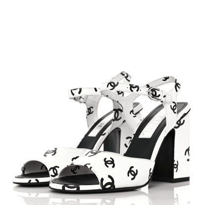 Chanel Lambskin Printed Coco Beach Sandals 37 White Black 3 of 9