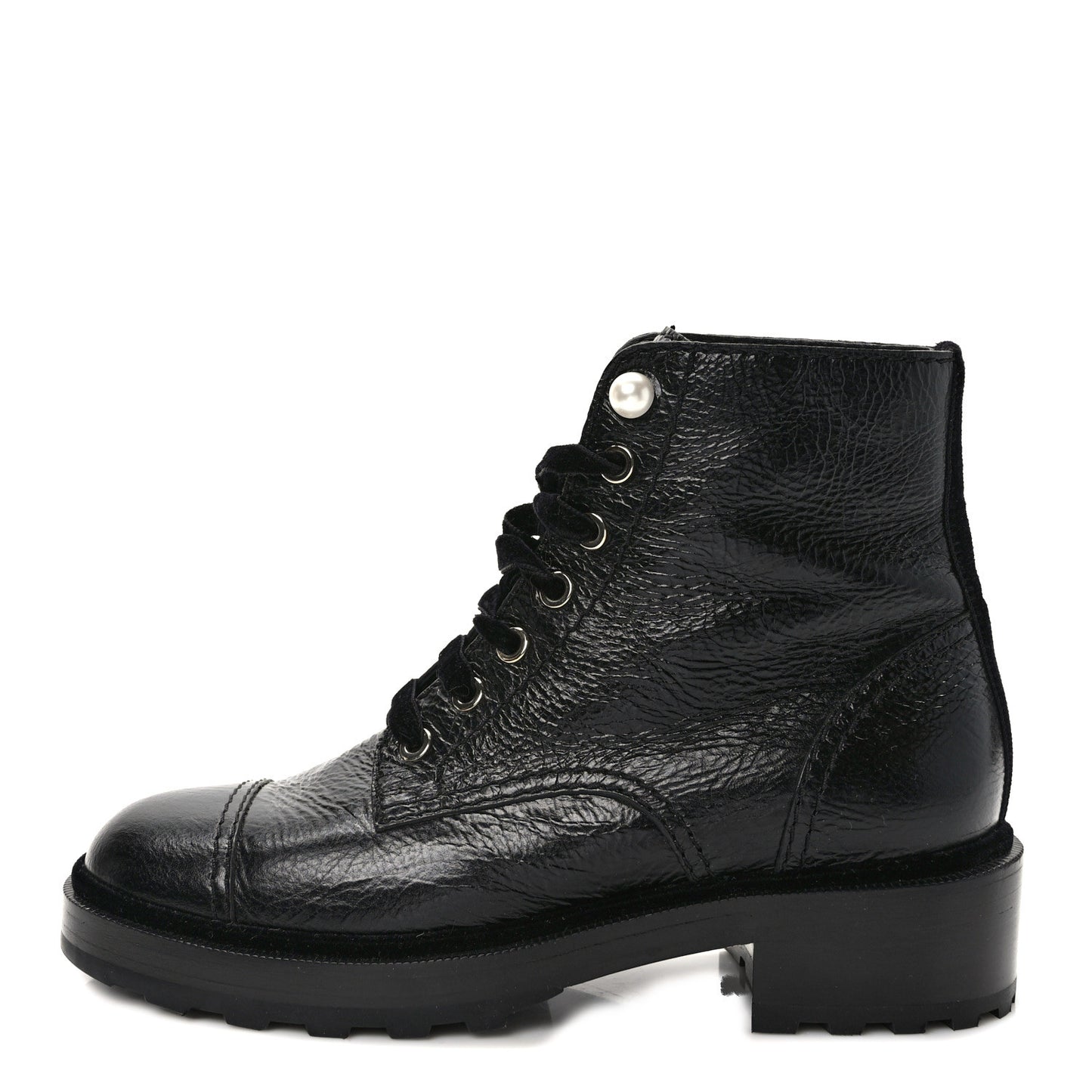 Shiny Calfskin Velvet Pearl Combat Short Boots 38.5 Black