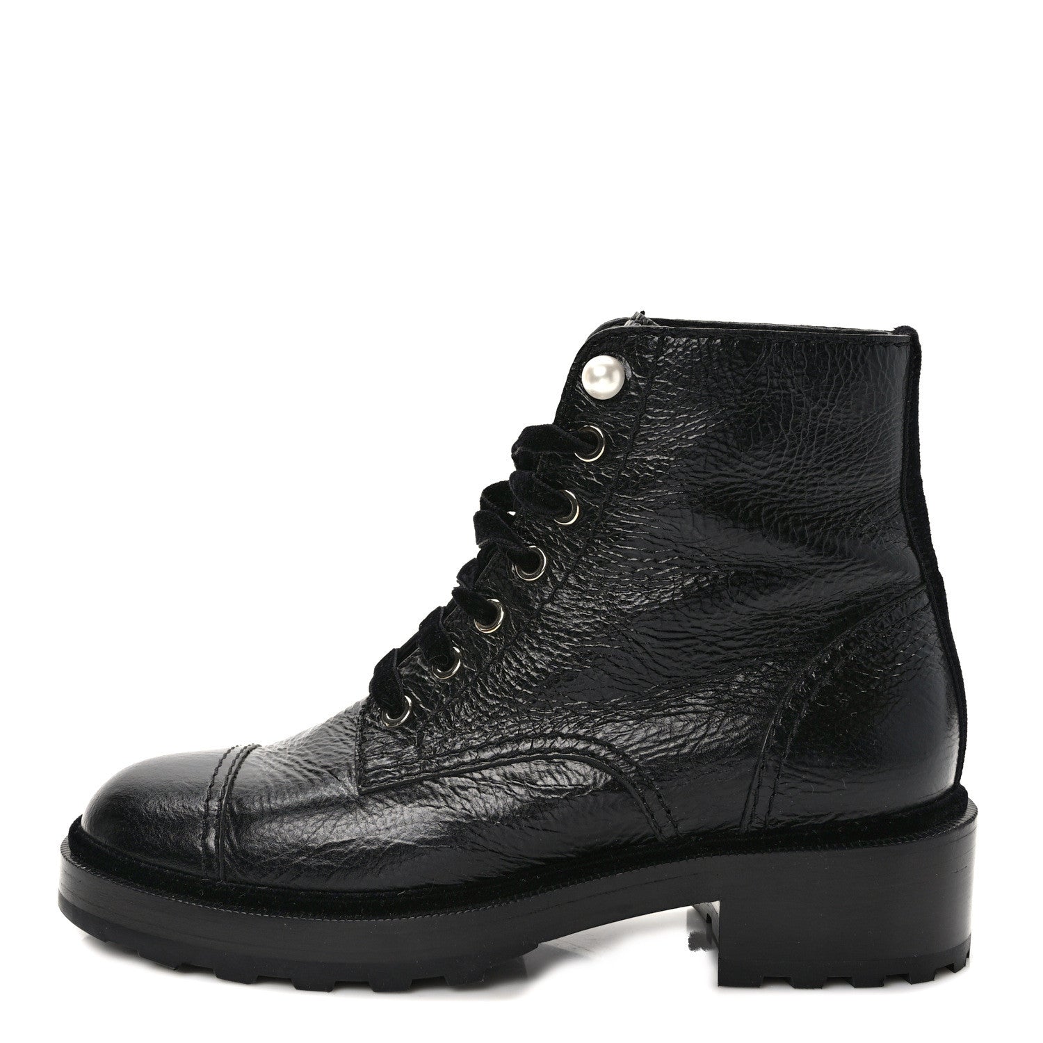 Chanel Shiny Calfskin Velvet Pearl Combat Short Boots 38.5 Black 1 of 9