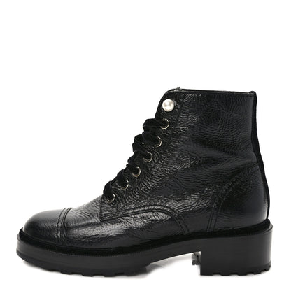 Chanel Shiny Calfskin Velvet Pearl Combat Short Boots 38.5 Black 1 of 9