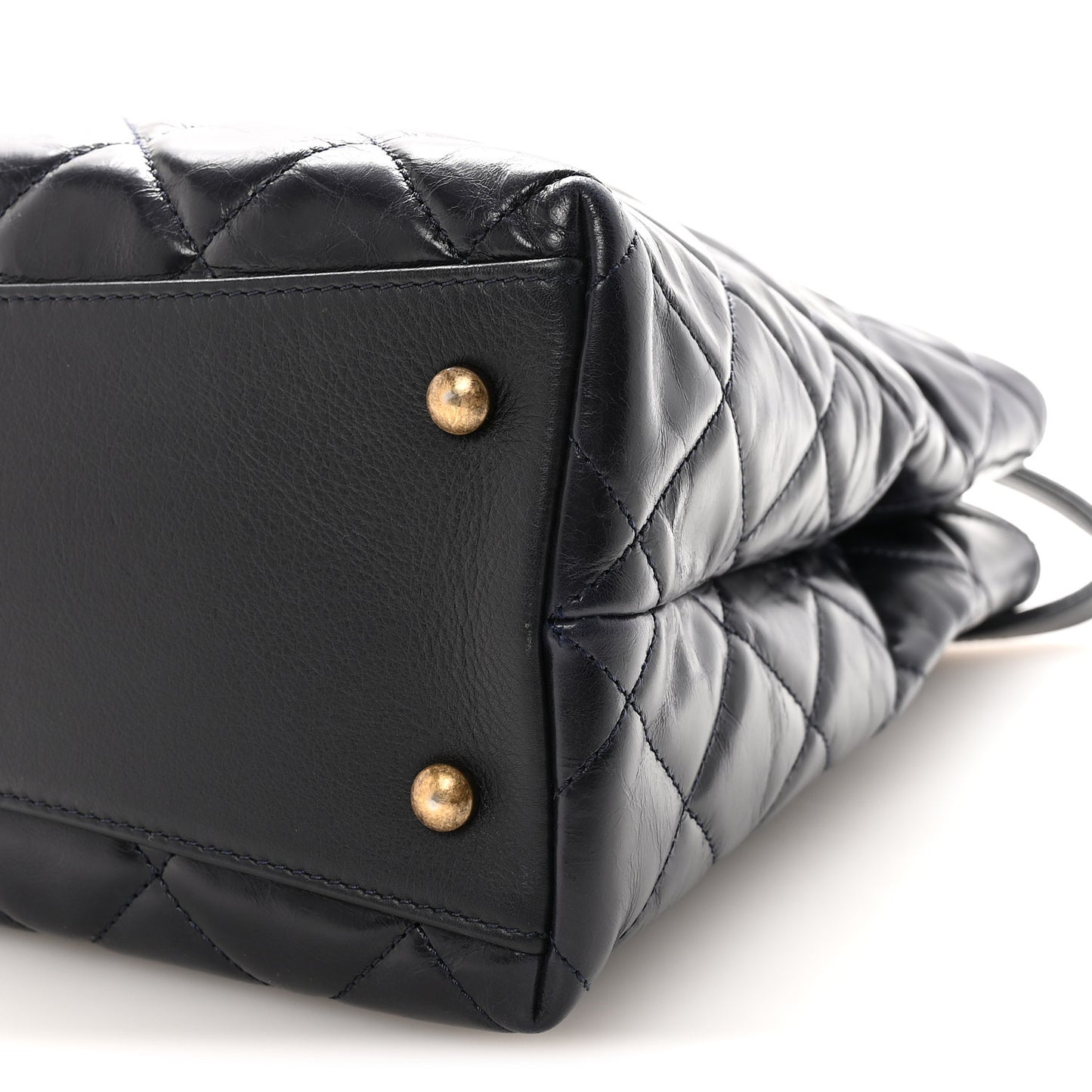 Glazed Calfskin Quilted Gold Bar Tote Dark Navy Blue