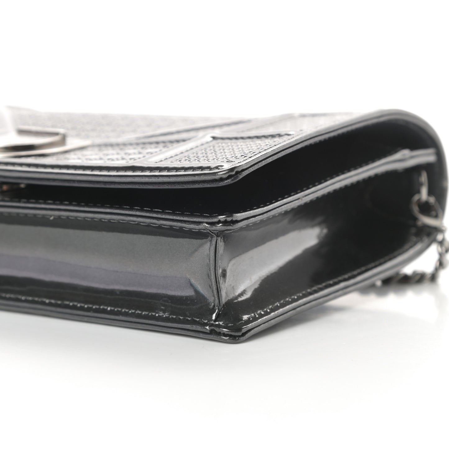 Metallic Patent Micro-Cannage Diorama Wallet on Chain Pouch Onyx Black