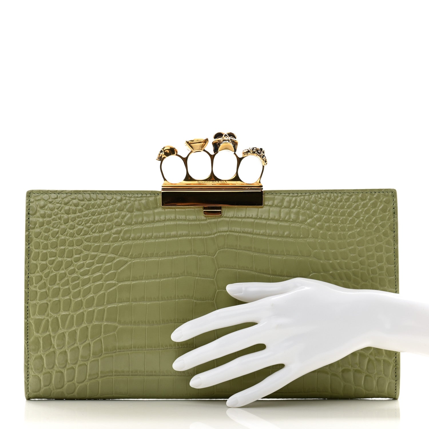 Alexander McQueen Calfskin Crocodile Embossed Knuckle Flat Clutch Sage 2 of 12