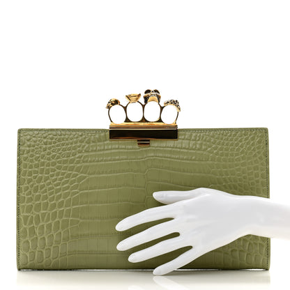 Alexander McQueen Calfskin Crocodile Embossed Knuckle Flat Clutch Sage 2 of 12