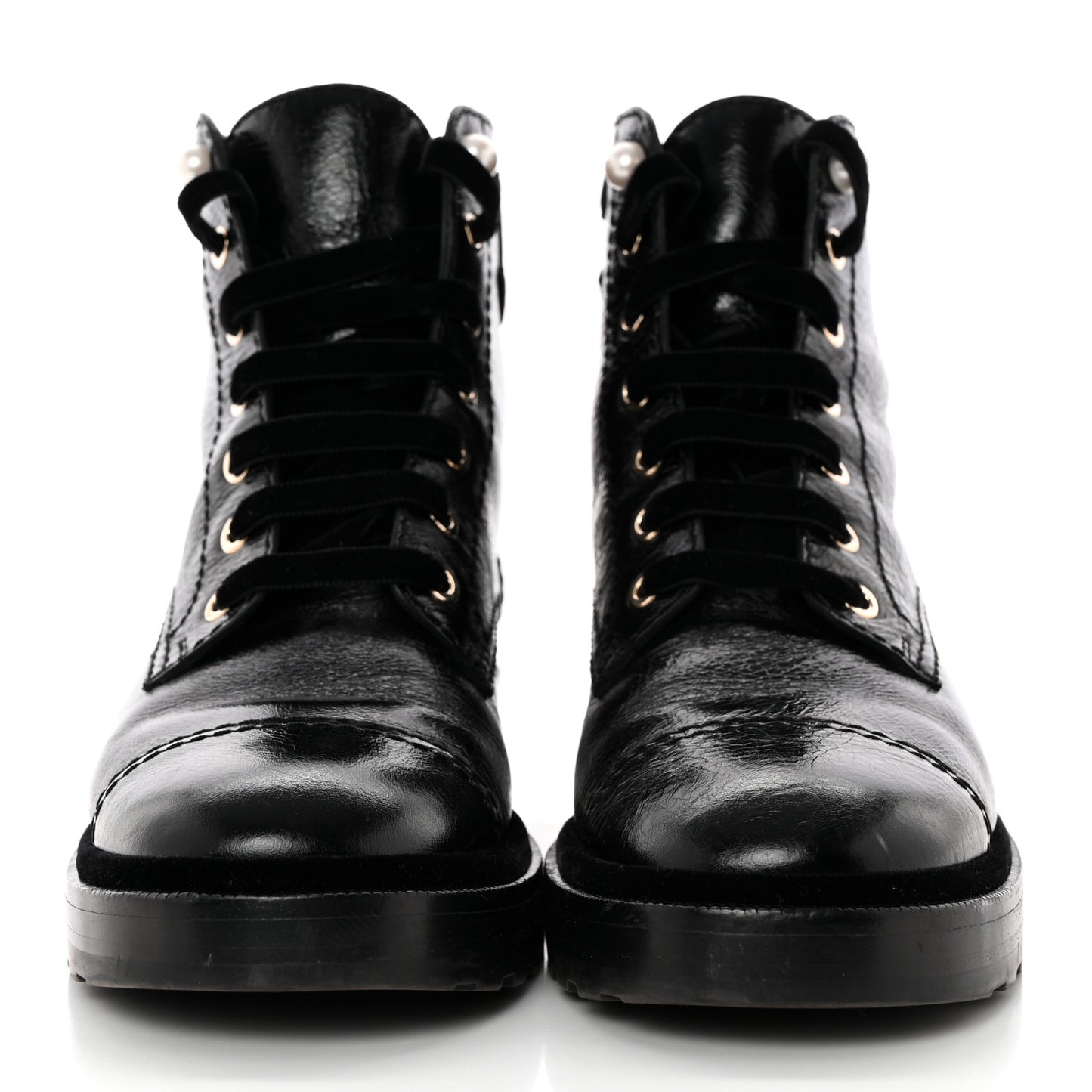 Shiny Calfskin Velvet Pearl Combat Short Boots 40.5 Black
