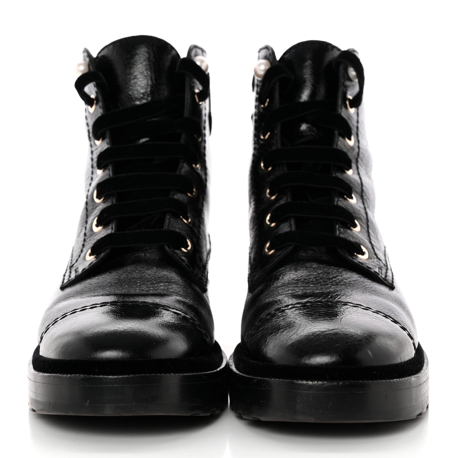 Chanel Shiny Calfskin Velvet Pearl Combat Short Boots 40.5 Black 2 of 17