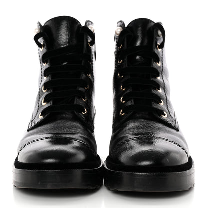 Chanel Shiny Calfskin Velvet Pearl Combat Short Boots 40.5 Black 2 of 17