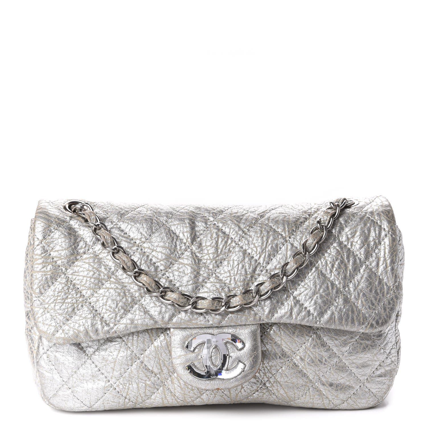 Chanel Calfskin Mirror CC Crackled Flap Silver 1 of 13