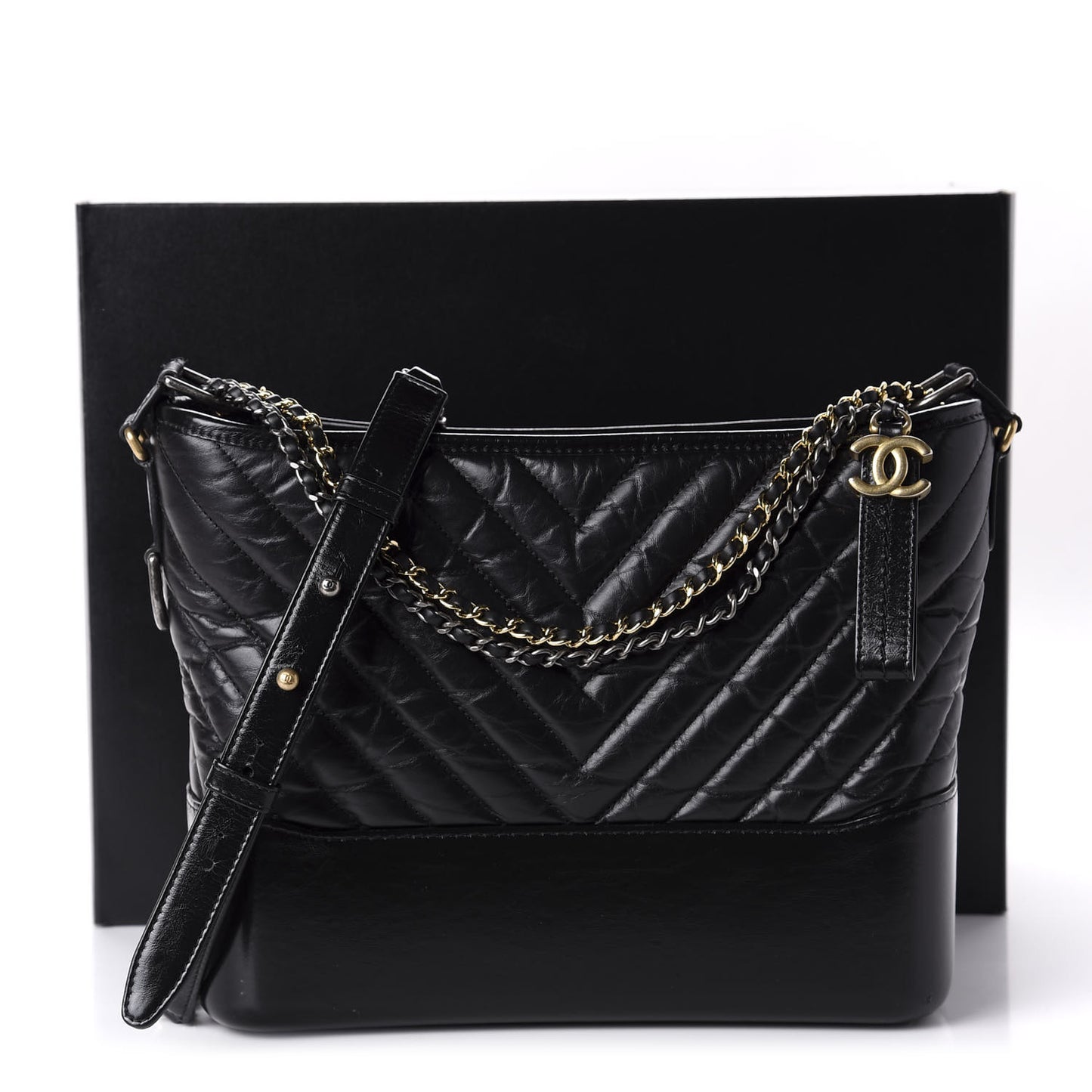 Aged Calfskin Chevron Quilted Medium Gabrielle Hobo Black