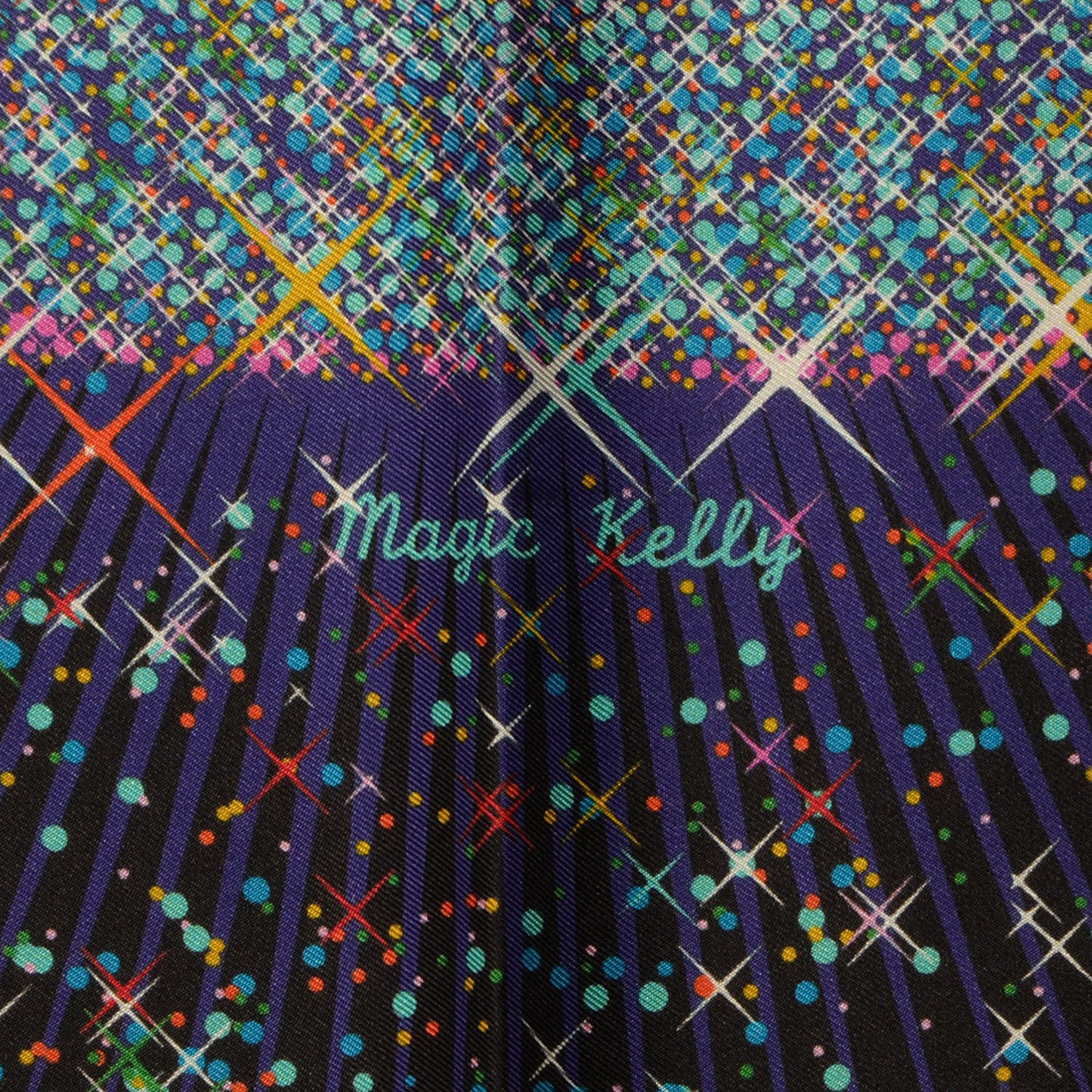 Silk Twill Magic Kelly Pocket Square Scarf Noir Violet Turquoise