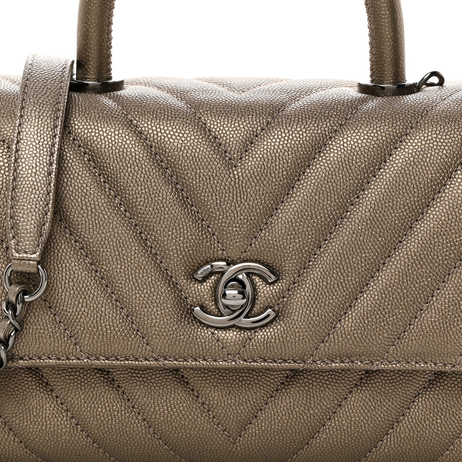 Chanel Metallic Caviar Chevron Quilted Mini Coco Handle Flap Light Gold 8 of 10