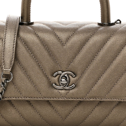 Chanel Metallic Caviar Chevron Quilted Mini Coco Handle Flap Light Gold 8 of 10