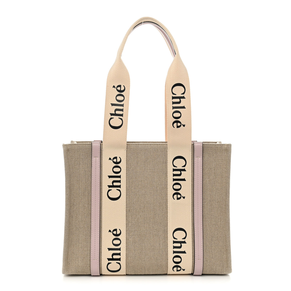 Linen Calfskin Medium Woody Ribbon Tote Cement Pink