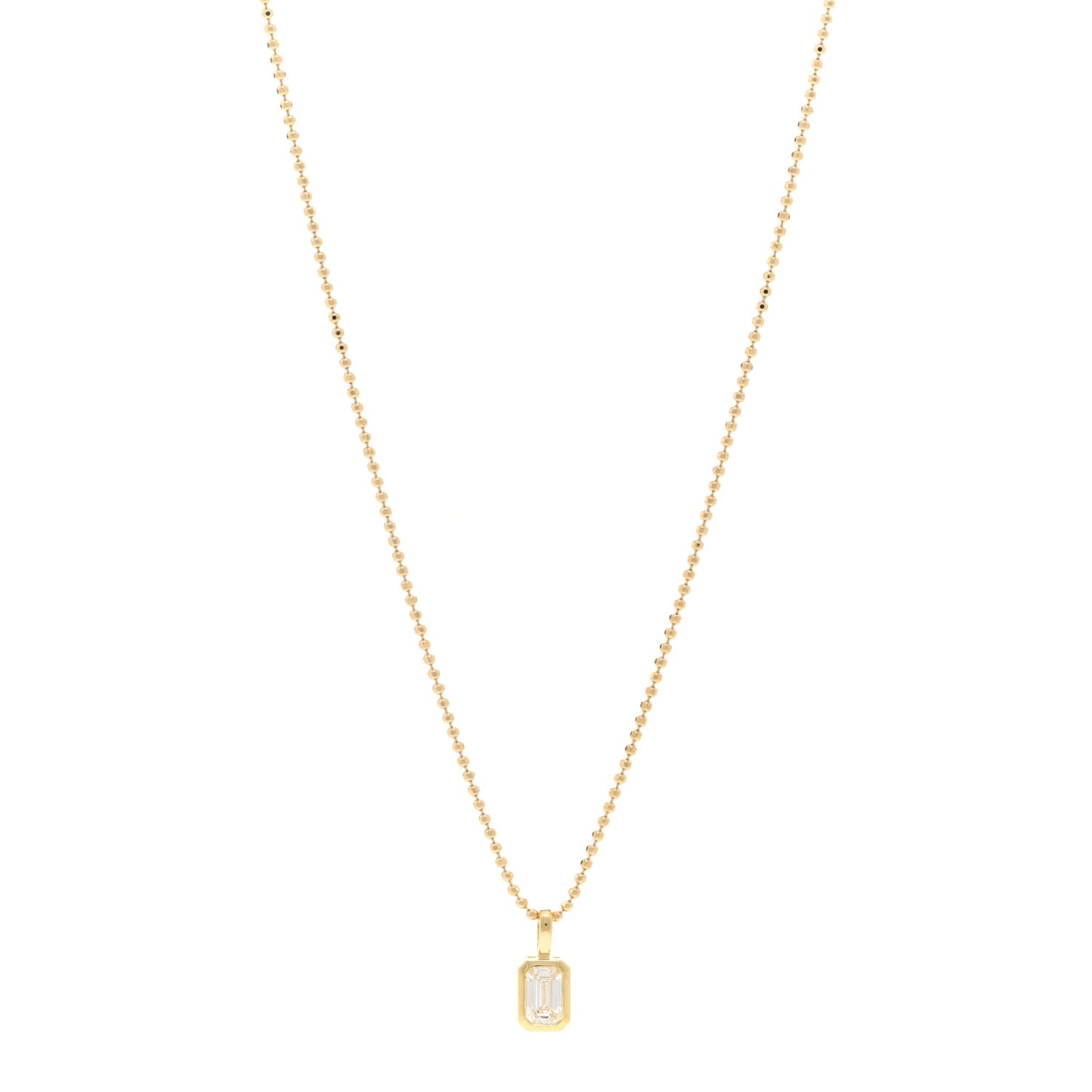 18K Yellow Gold Diamond Emerald Cut Bezeled Pendant Necklace