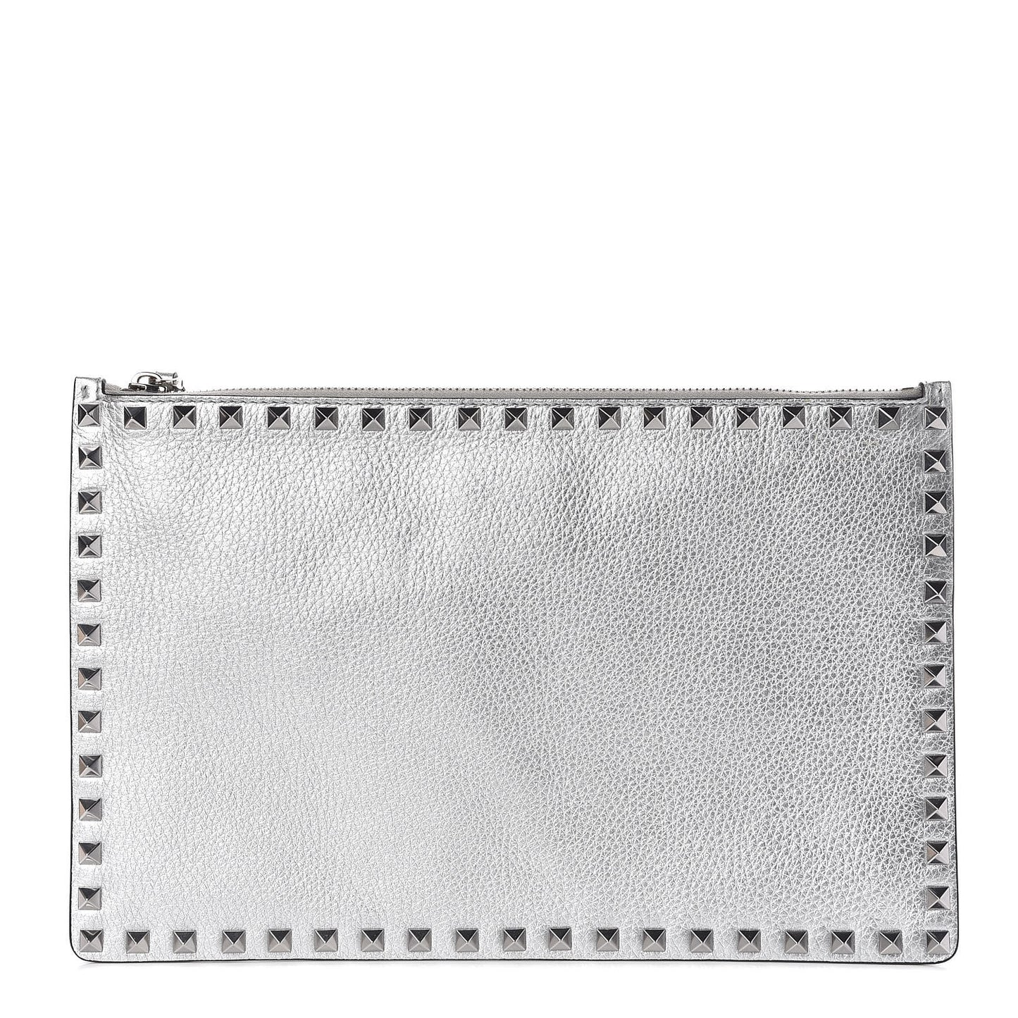 Metallic Pebbled Calfskin Large Rockstud Zip Pouch Silver