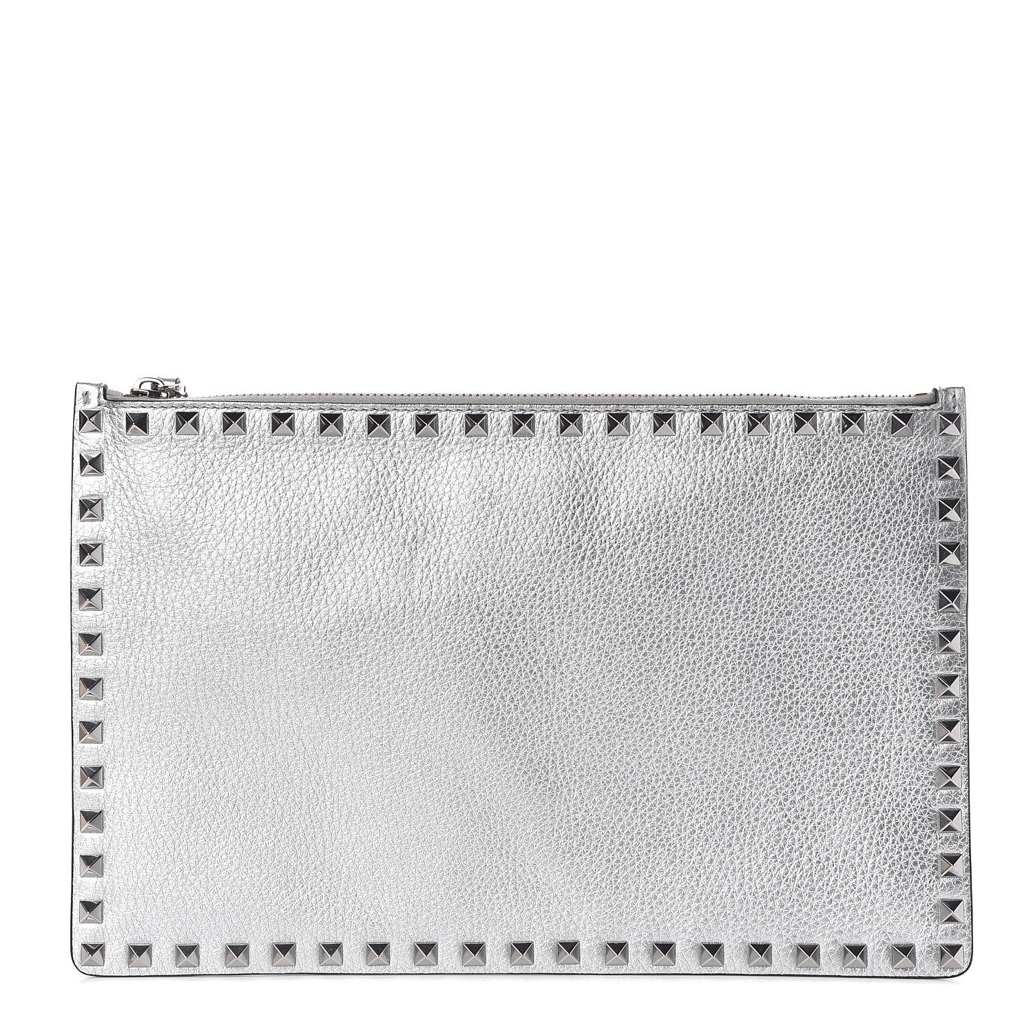 Valentino Garavani Metallic Pebbled Calfskin Large Rockstud Zip Pouch Silver 1 of 7