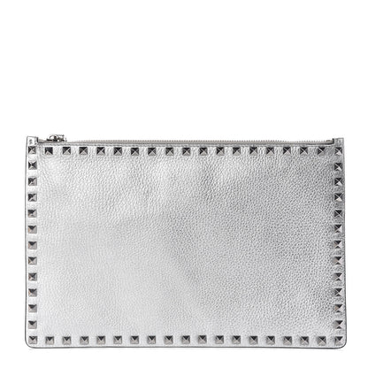 Valentino Garavani Metallic Pebbled Calfskin Large Rockstud Zip Pouch Silver 1 of 7