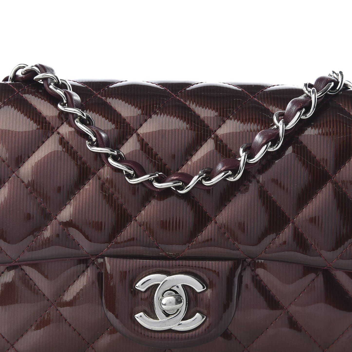 Striated Patent Quilted Mini Rectangular Flap Burgundy