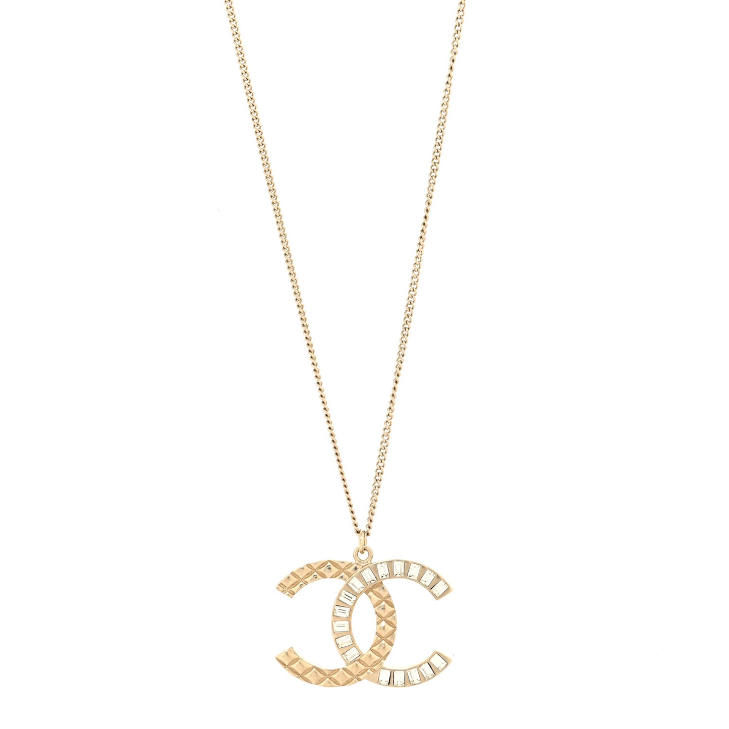 Baguette Crystal Quilted CC Pendant Necklace Gold