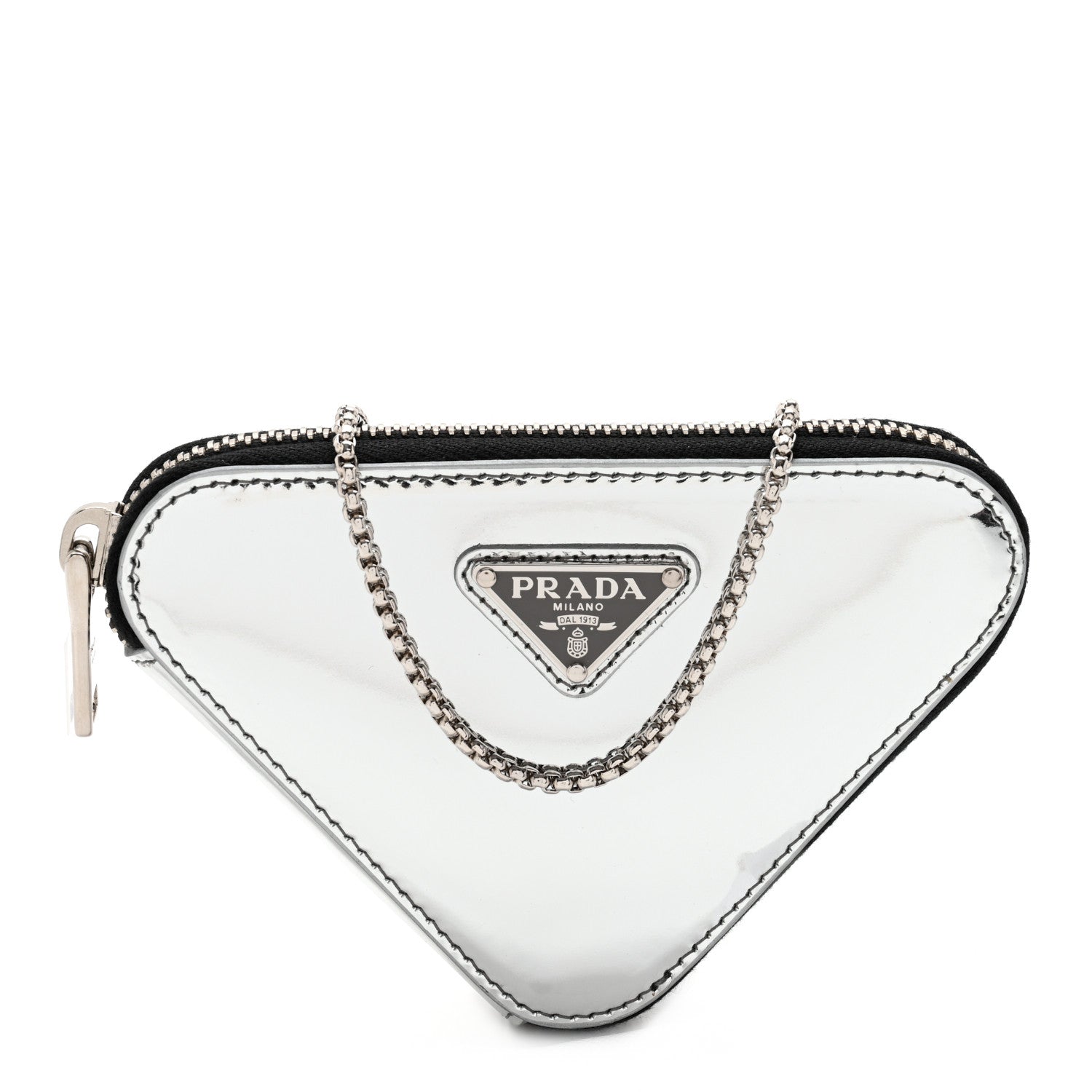 Prada Spazzolato Mini Triangle Chain Crossbody Pouch Argento 1 of 8