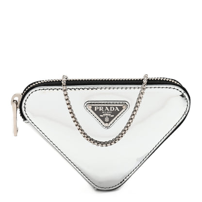 Prada Spazzolato Mini Triangle Chain Crossbody Pouch Argento 1 of 8