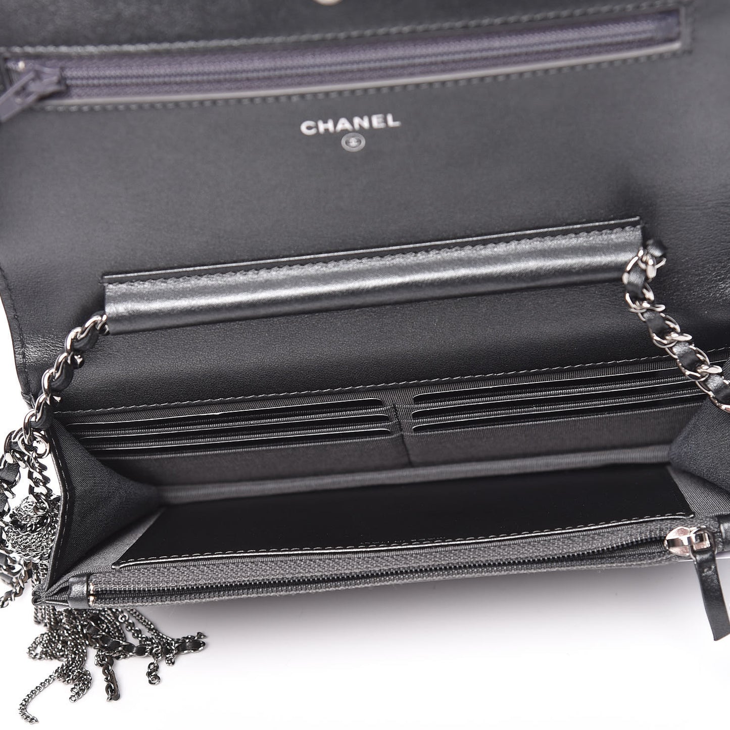 Aged Calfskin Quilted Tassel Wallet On Chain WOC Dark Silver
