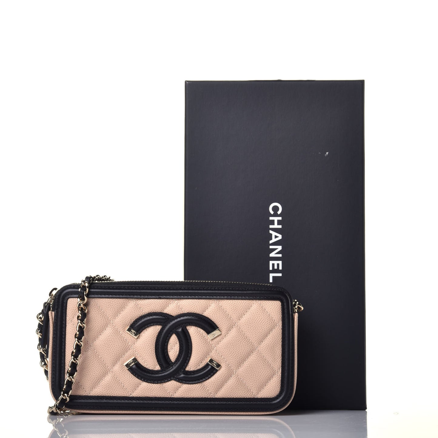 Caviar Quilted CC Filigree Clutch With Chain Beige Black