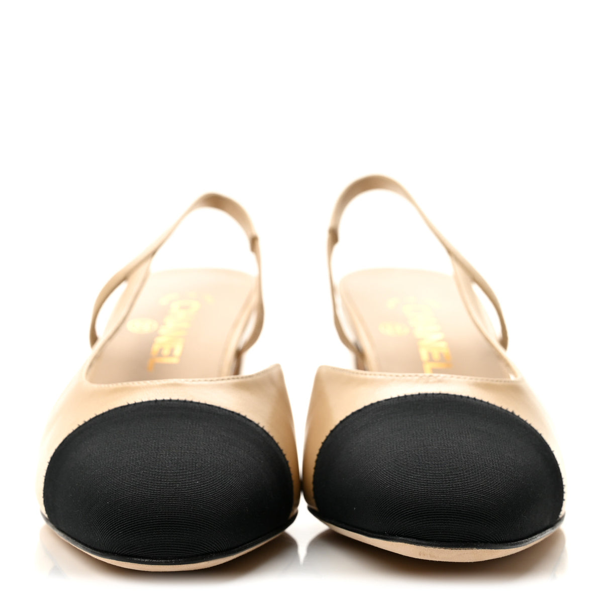 Chanel Goatskin Grosgrain Cap Toe CC Slingback Pumps 38.5 Beige Black 3 of 9