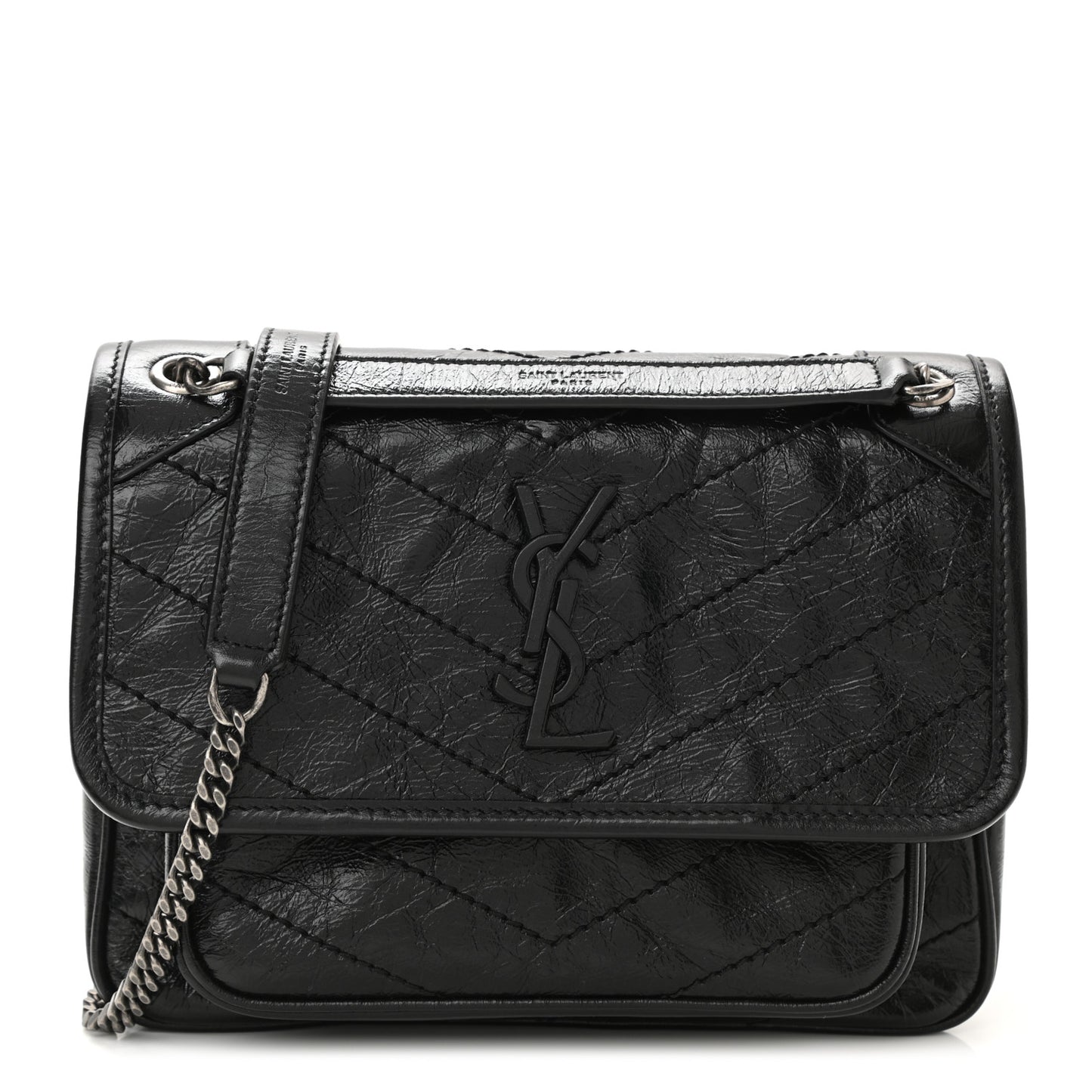 Crinkled Lambskin Matelasse Monogram Baby Niki Chain Satchel Black