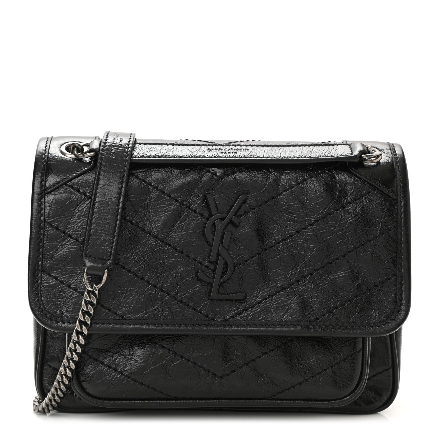Saint Laurent Crinkled Lambskin Matelasse Monogram Baby Niki Chain Satchel Black 1 of 11