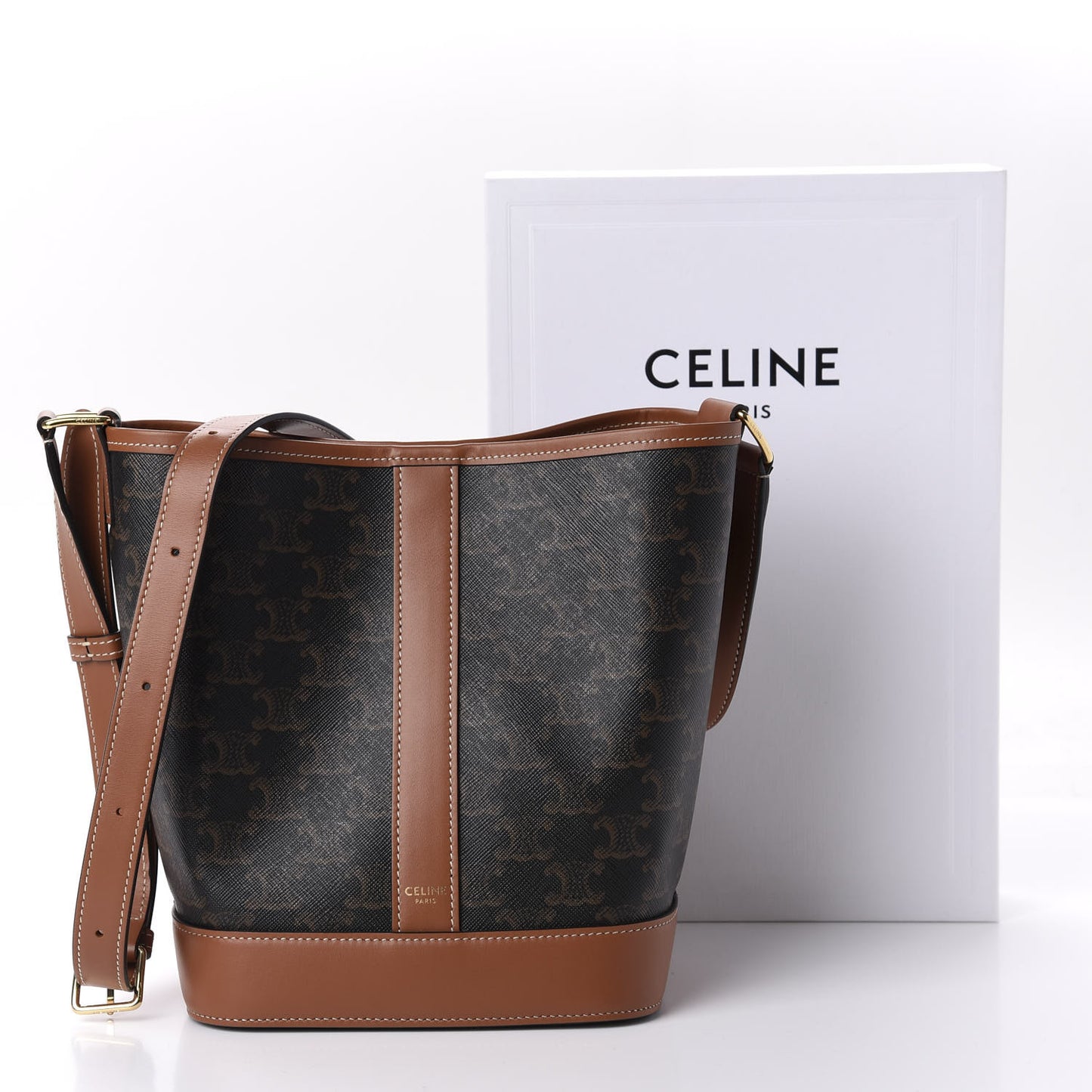 Triomphe Canvas Calfskin Small Bucket Bag Tan