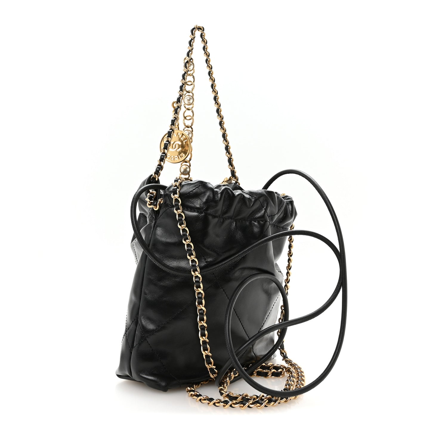 Shiny Calfskin Quilted Pearl CC Chain Mini Chanel 22 Black