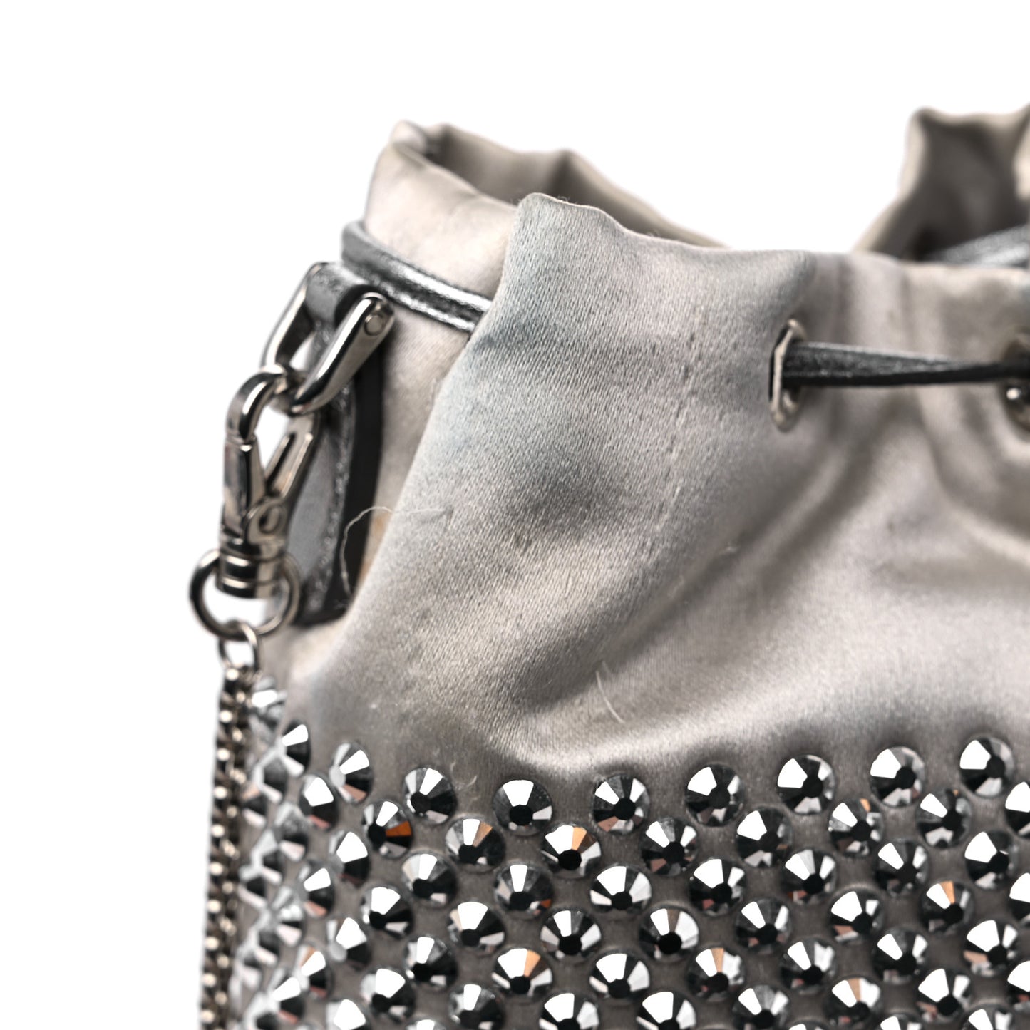 Satin Crystal Drawstring Pouch Crossbody Silver