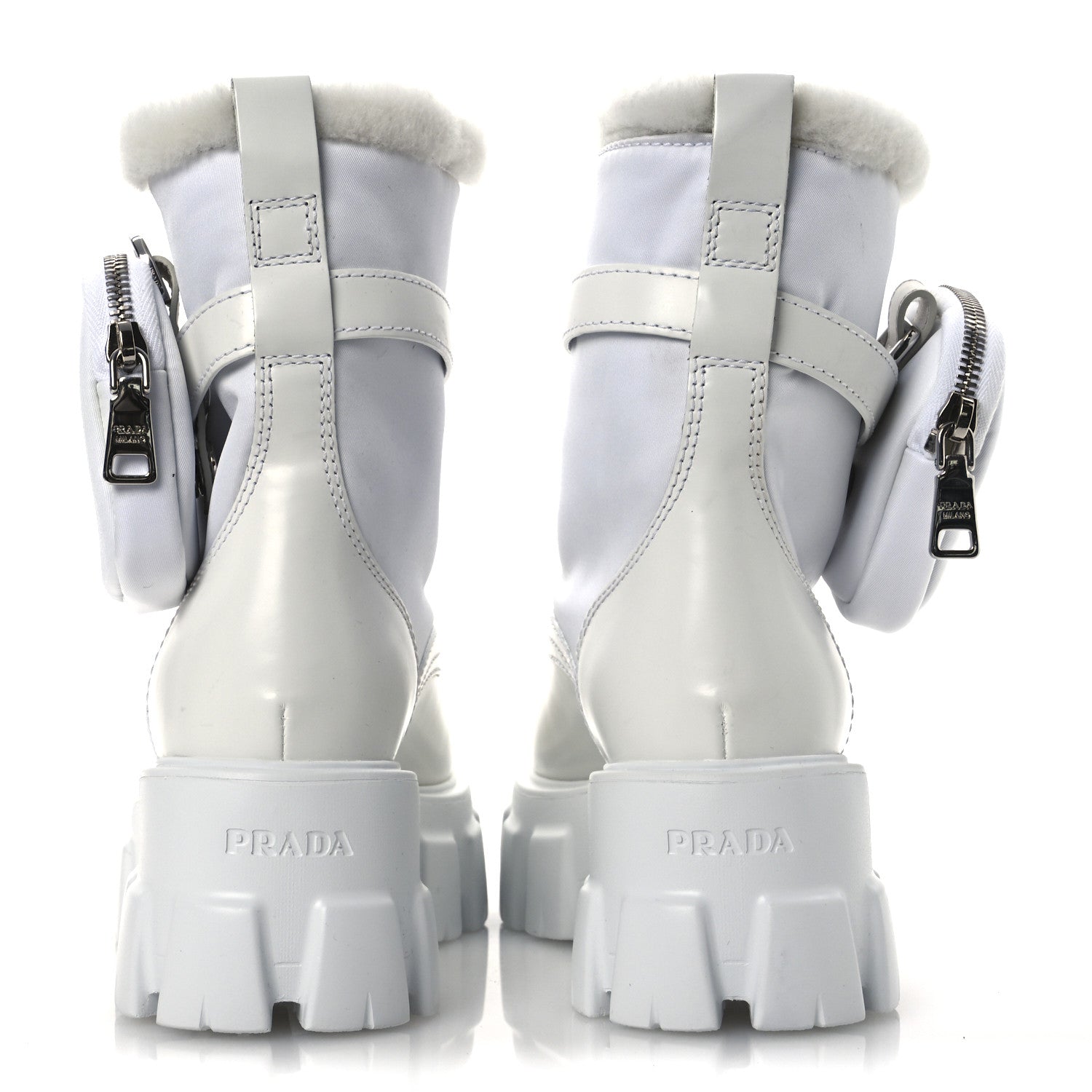 Prada Spazzolato Rois Nylon Shearling Metal Triangle Logo Monolith Pouch Pocket 55mm Boots 35.5 White 5 of 12