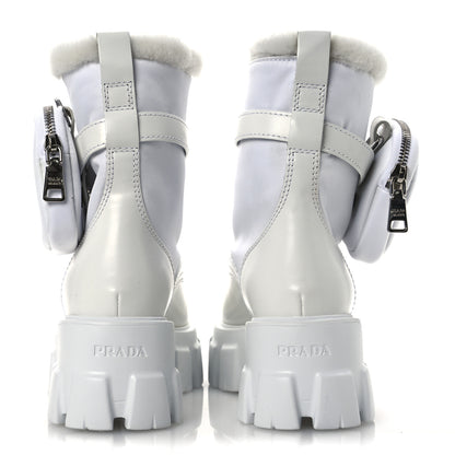 Prada Spazzolato Rois Nylon Shearling Metal Triangle Logo Monolith Pouch Pocket 55mm Boots 35.5 White 5 of 12